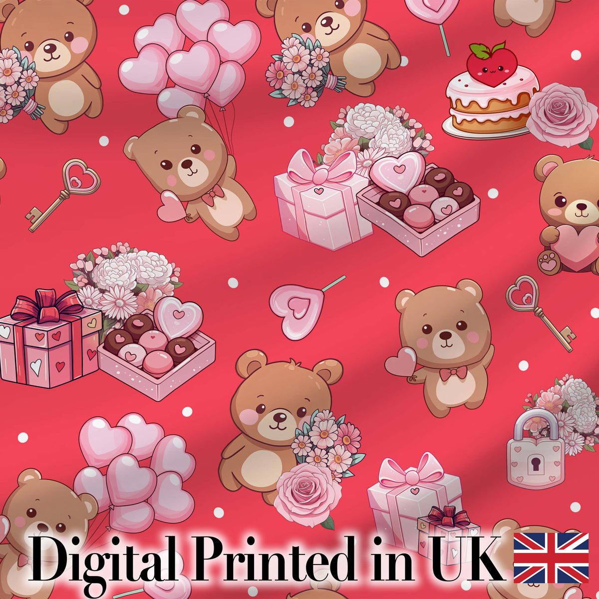 Cute Teddy Bears Hearts Balloons Gifts Red Background Seamless Pattern Digital Print Fabric by the Metre UK Sewing Quilting Textile