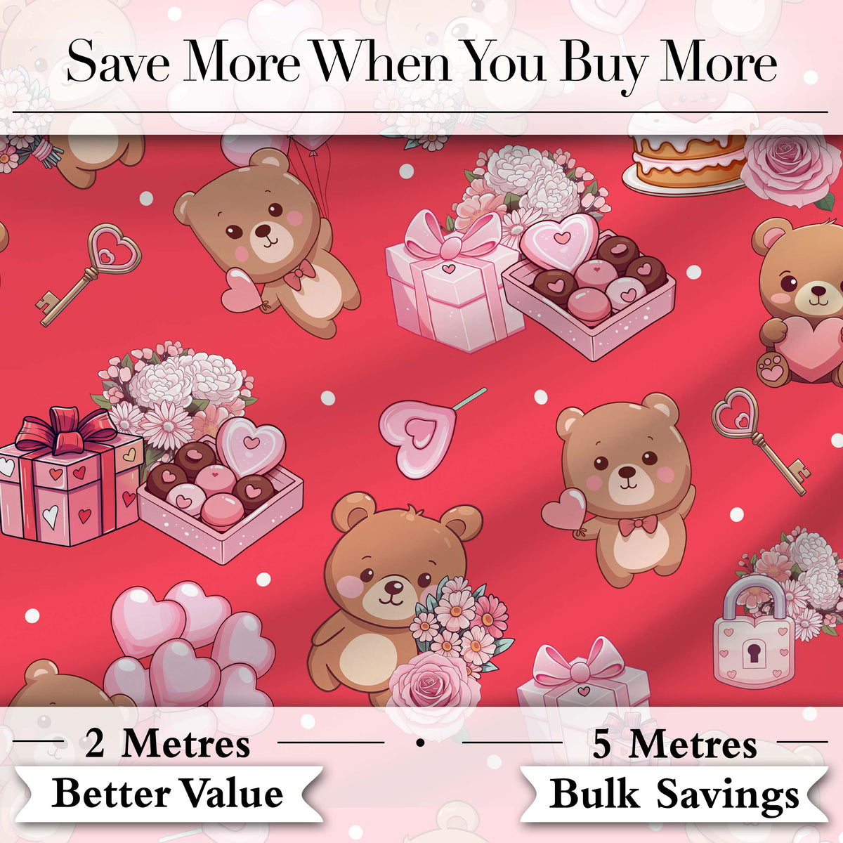 Cute Teddy Bears Hearts Balloons Gifts Red Background Seamless Pattern Digital Print Fabric by the Metre UK Sewing Quilting Textile