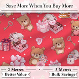Cute Teddy Bears Hearts Balloons Gifts Red Background Seamless Pattern Digital Print Fabric by the Metre UK Sewing Quilting Textile