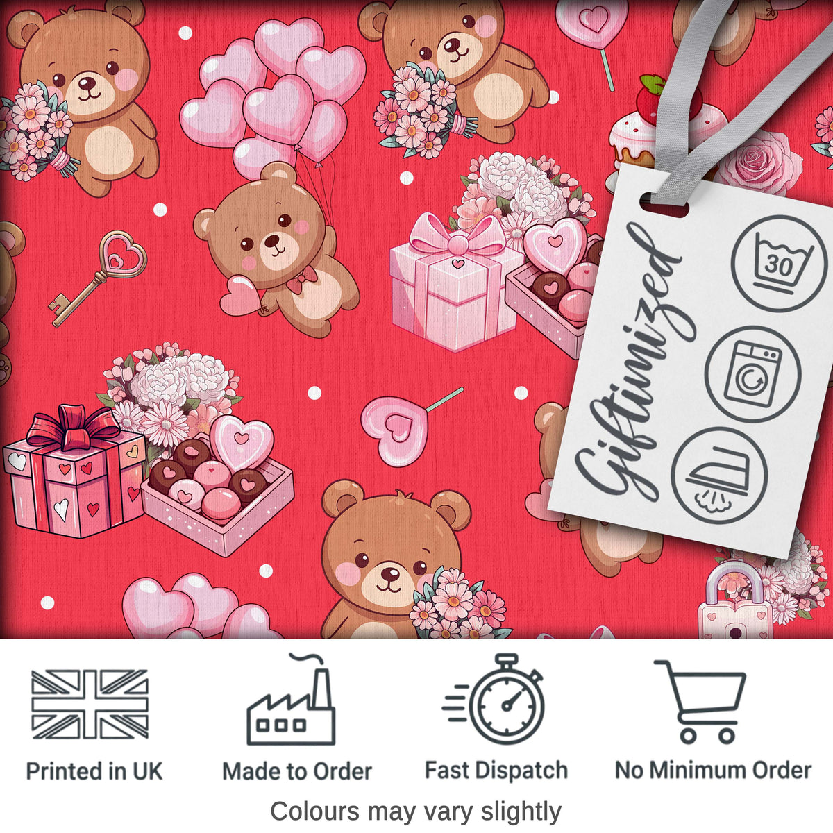 Cute Teddy Bears Hearts Balloons Gifts Red Background Seamless Pattern Digital Print Fabric by the Metre UK Sewing Quilting Textile