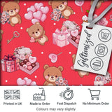 Cute Teddy Bears Hearts Balloons Gifts Red Background Seamless Pattern Digital Print Fabric by the Metre UK Sewing Quilting Textile