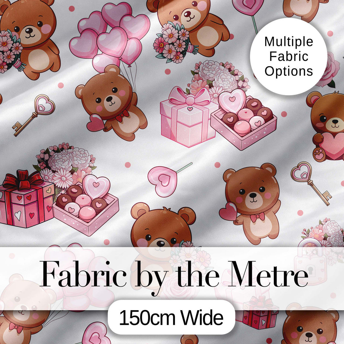 Cute Teddy Bears Hearts Balloons Gifts Grey Background Seamless Pattern Digital Print Fabric by the Metre UK Sewing Quilting Textile