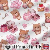 Cute Teddy Bears Hearts Balloons Gifts Grey Background Seamless Pattern Digital Print Fabric by the Metre UK Sewing Quilting Textile
