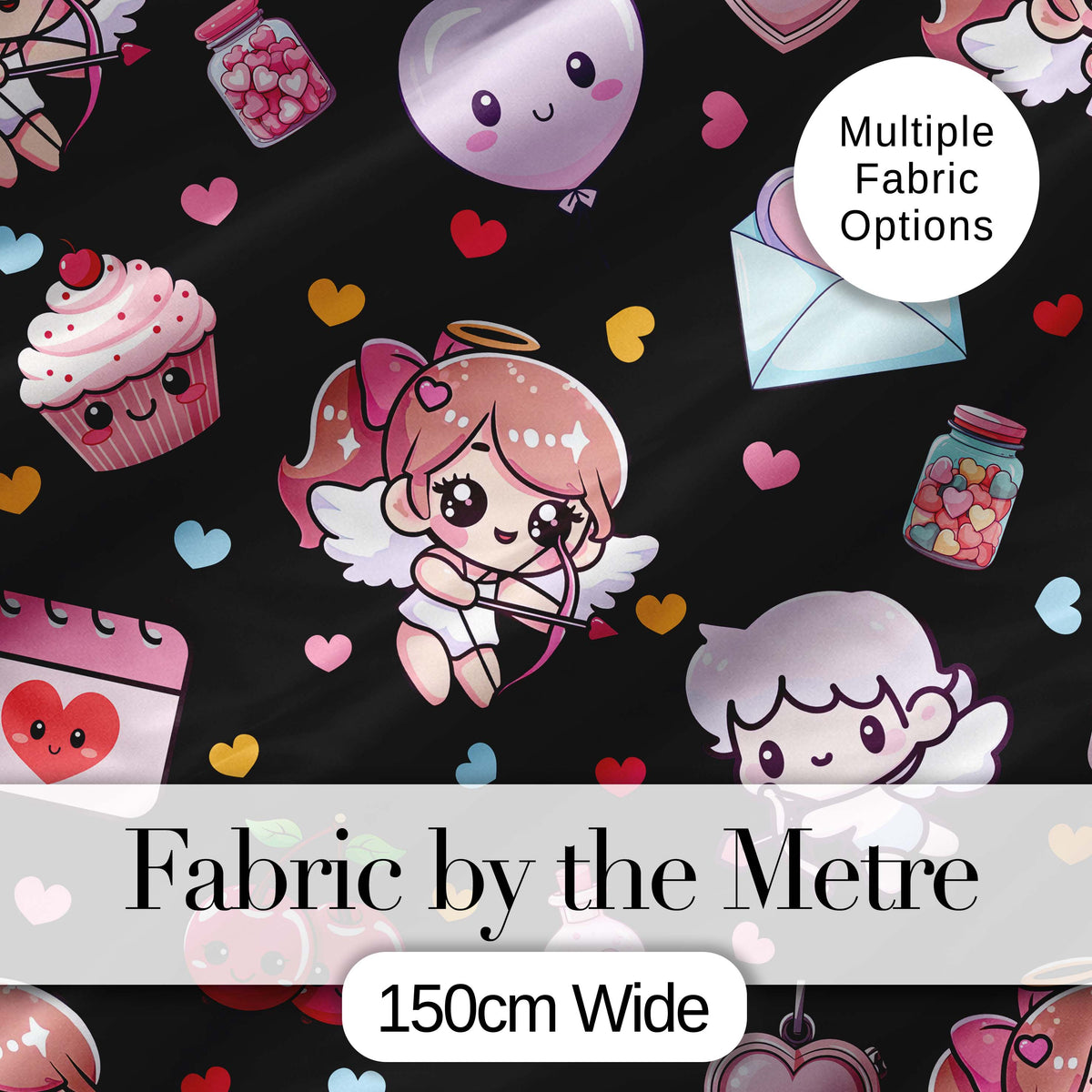 Cute Cupid Angels Hearts Sweets Black Background Seamless Pattern Digital Print Fabric by the Metre UK Sewing Quilting Textile