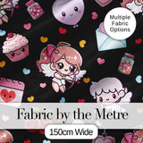 Cute Cupid Angels Hearts Sweets Black Background Seamless Pattern Digital Print Fabric by the Metre UK Sewing Quilting Textile