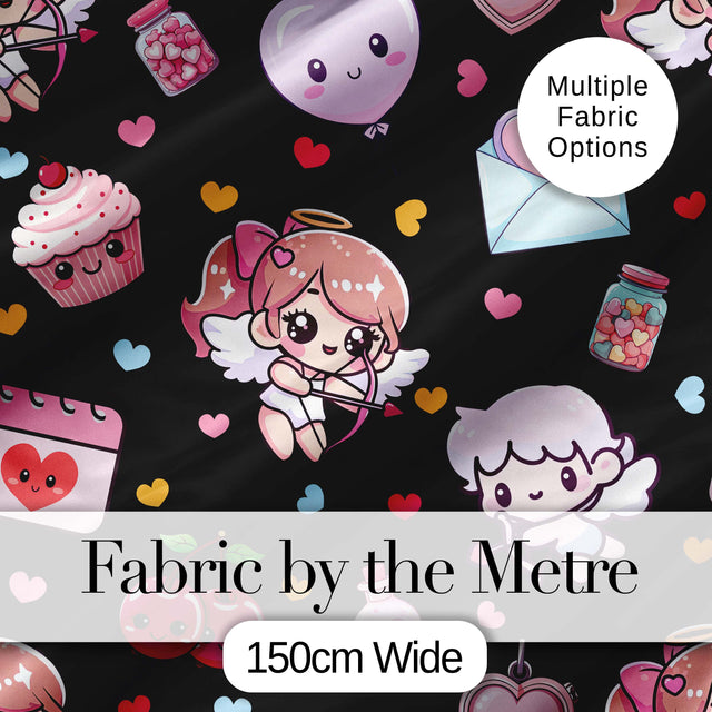 Cute Cupid Angels Hearts Sweets Black Background Seamless Pattern Digital Print Fabric by the Metre UK Sewing Quilting Textile