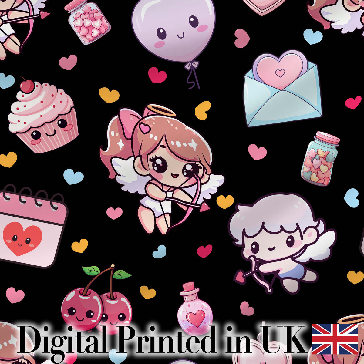 Cute Cupid Angels Hearts Sweets Black Background Seamless Pattern Digital Print Fabric by the Metre UK Sewing Quilting Textile