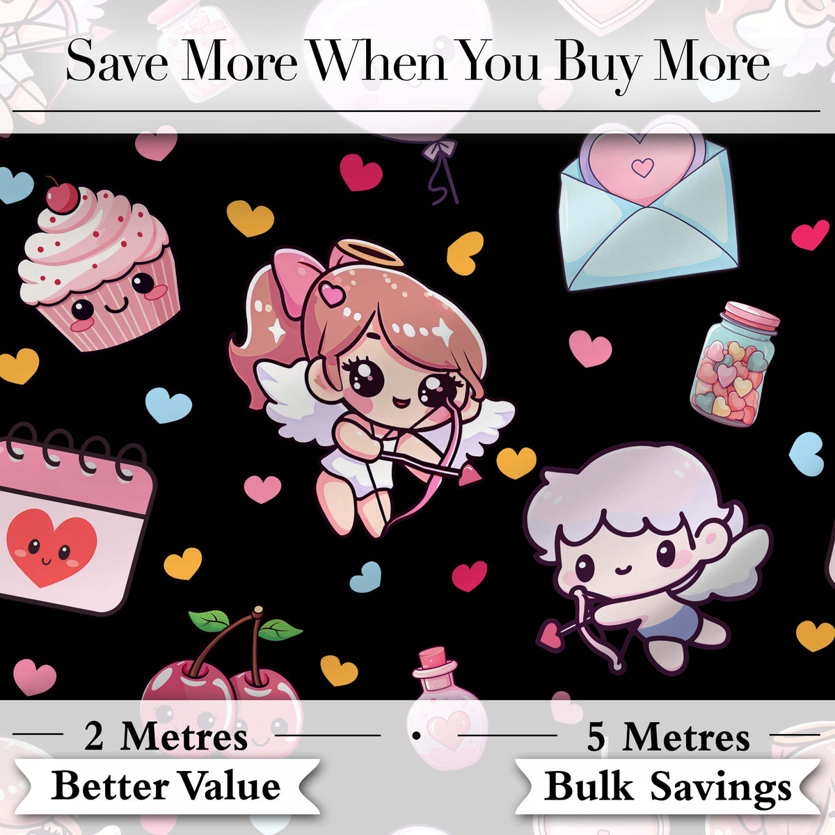 Cute Cupid Angels Hearts Sweets Black Background Seamless Pattern Digital Print Fabric by the Metre UK Sewing Quilting Textile