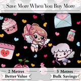 Cute Cupid Angels Hearts Sweets Black Background Seamless Pattern Digital Print Fabric by the Metre UK Sewing Quilting Textile