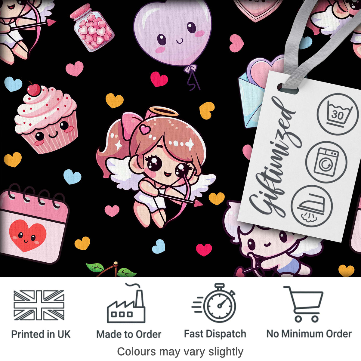 Cute Cupid Angels Hearts Sweets Black Background Seamless Pattern Digital Print Fabric by the Metre UK Sewing Quilting Textile