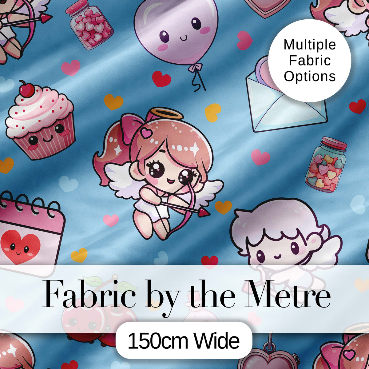 Cute Cupid Angels Hearts Sweets Blue Background Seamless Pattern Digital Print Fabric by the Metre UK Sewing Quilting Textile