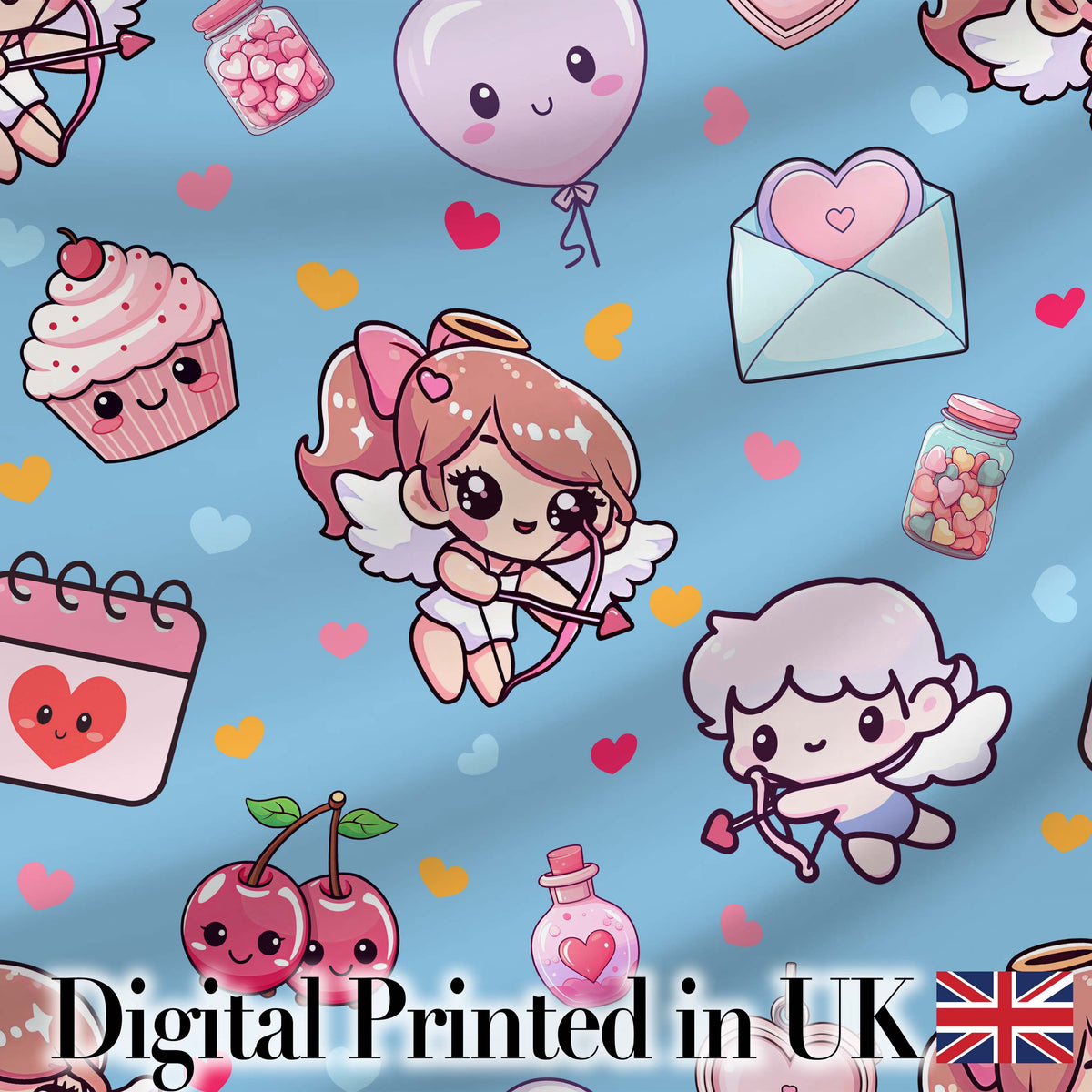 Cute Cupid Angels Hearts Sweets Blue Background Seamless Pattern Digital Print Fabric by the Metre UK Sewing Quilting Textile