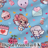Cute Cupid Angels Hearts Sweets Blue Background Seamless Pattern Digital Print Fabric by the Metre UK Sewing Quilting Textile