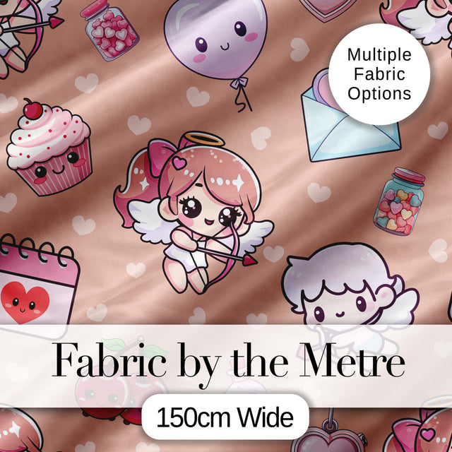 Cute Cupid Angels Hearts Sweets Beige Background Seamless Pattern Digital Print Fabric by the Metre UK Sewing Quilting Textile