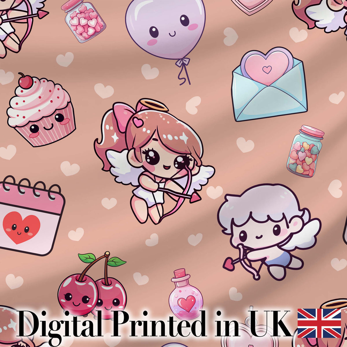 Cute Cupid Angels Hearts Sweets Beige Background Seamless Pattern Digital Print Fabric by the Metre UK Sewing Quilting Textile