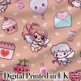 Cute Cupid Angels Hearts Sweets Beige Background Seamless Pattern Digital Print Fabric by the Metre UK Sewing Quilting Textile
