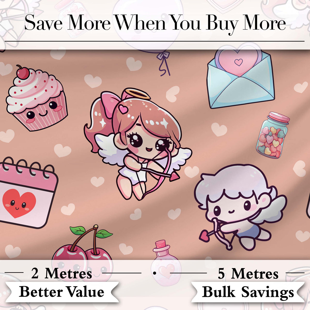 Cute Cupid Angels Hearts Sweets Beige Background Seamless Pattern Digital Print Fabric by the Metre UK Sewing Quilting Textile