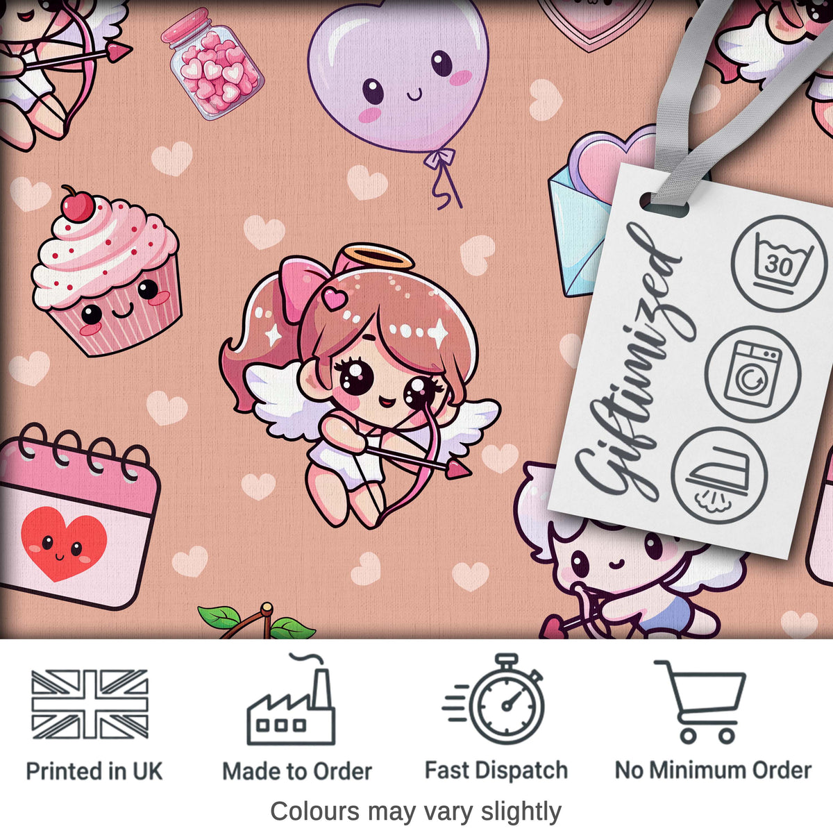 Cute Cupid Angels Hearts Sweets Beige Background Seamless Pattern Digital Print Fabric by the Metre UK Sewing Quilting Textile