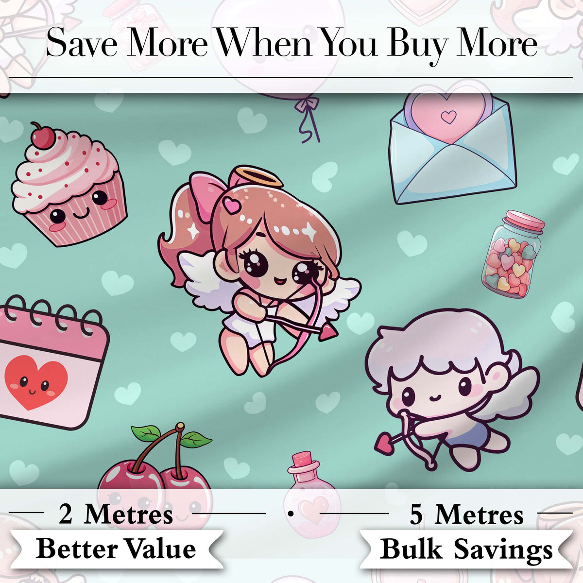 Cute Cupid Angels Hearts Sweets Mint Background Seamless Pattern Digital Print Fabric by the Metre UK Sewing Quilting Textile