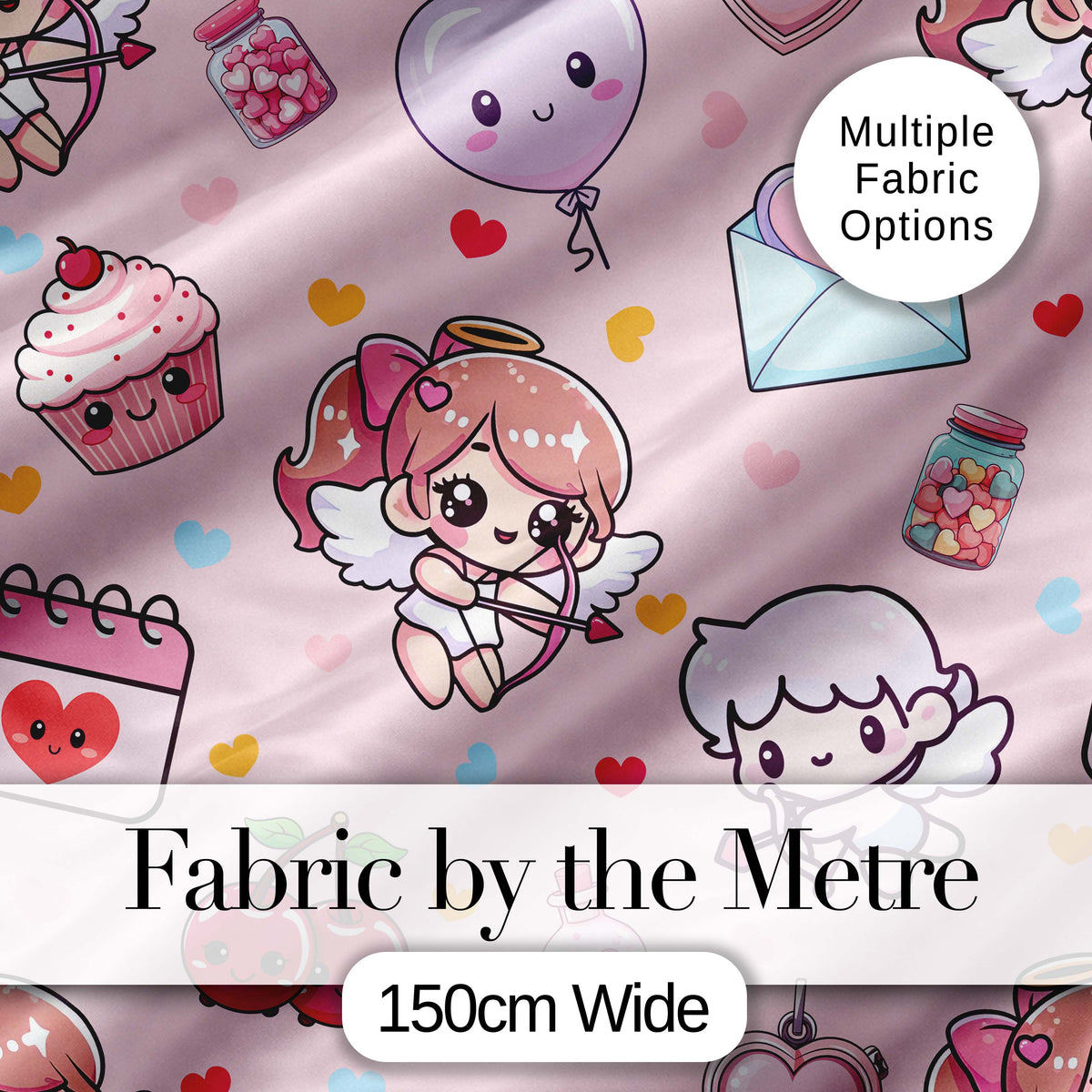 Cute Cupid Angels Hearts Sweets Pink Background Seamless Pattern Digital Print Fabric by the Metre UK Sewing Quilting Textile