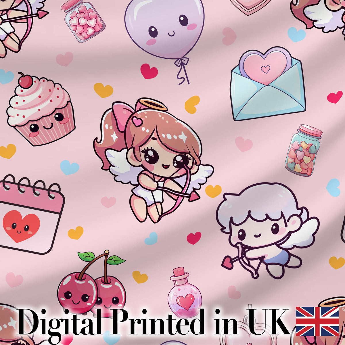 Cute Cupid Angels Hearts Sweets Pink Background Seamless Pattern Digital Print Fabric by the Metre UK Sewing Quilting Textile