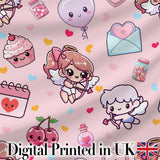 Cute Cupid Angels Hearts Sweets Pink Background Seamless Pattern Digital Print Fabric by the Metre UK Sewing Quilting Textile