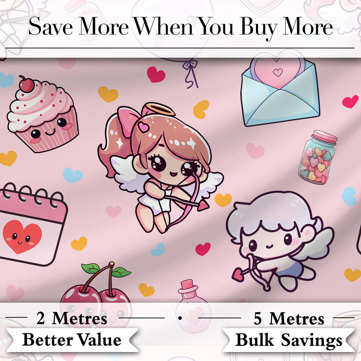 Cute Cupid Angels Hearts Sweets Pink Background Seamless Pattern Digital Print Fabric by the Metre UK Sewing Quilting Textile