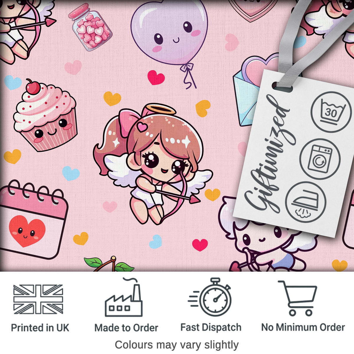 Cute Cupid Angels Hearts Sweets Pink Background Seamless Pattern Digital Print Fabric by the Metre UK Sewing Quilting Textile