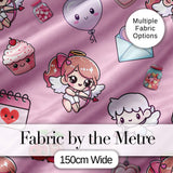 Cute Cupid Angels Hearts Sweets Lilac Background Seamless Pattern Digital Print Fabric by the Metre UK Sewing Quilting Textile