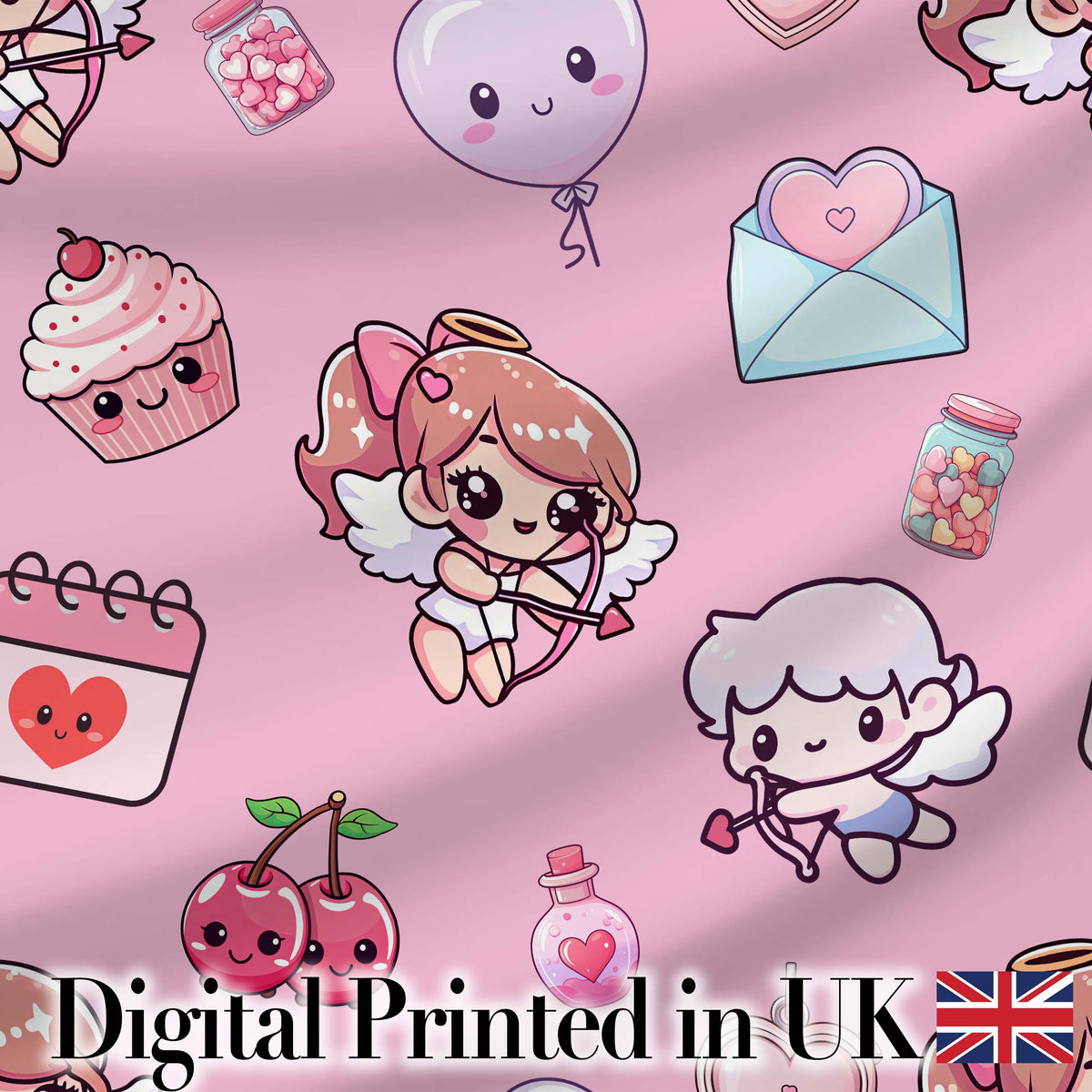 Cute Cupid Angels Hearts Sweets Lilac Background Seamless Pattern Digital Print Fabric by the Metre UK Sewing Quilting Textile