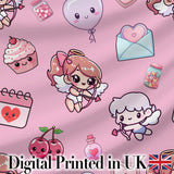Cute Cupid Angels Hearts Sweets Lilac Background Seamless Pattern Digital Print Fabric by the Metre UK Sewing Quilting Textile
