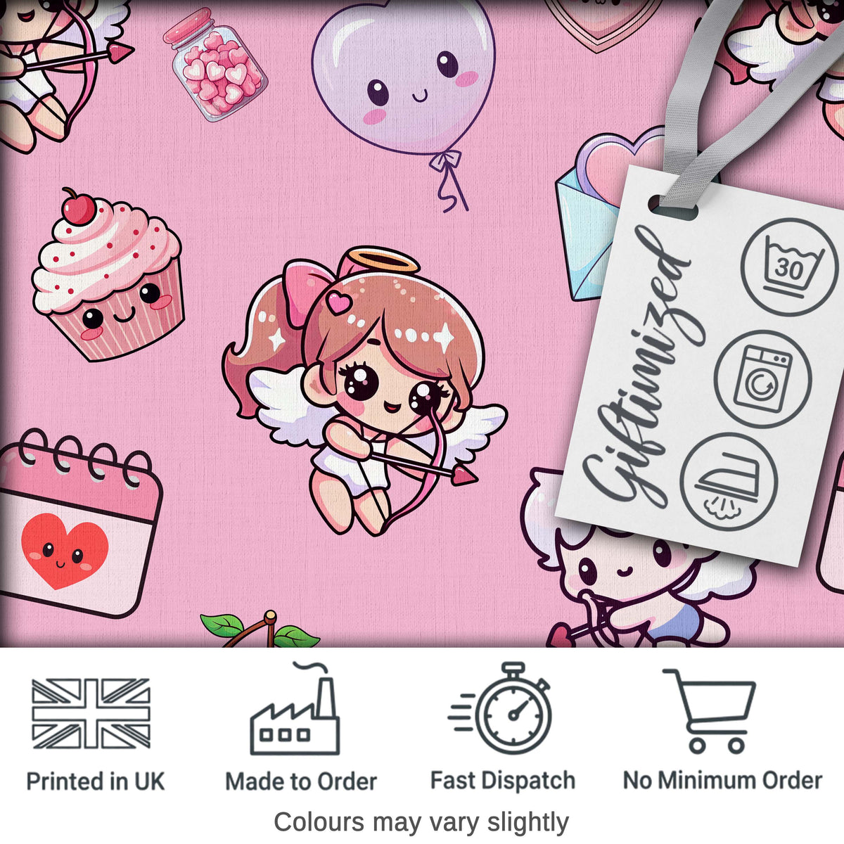 Cute Cupid Angels Hearts Sweets Lilac Background Seamless Pattern Digital Print Fabric by the Metre UK Sewing Quilting Textile