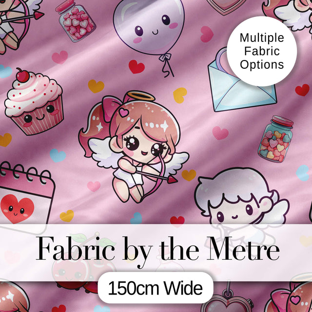 Cute Cupid Angels Hearts Sweets Soft Pink Background Seamless Pattern Digital Print Fabric by the Metre UK Sewing Quilting Textile