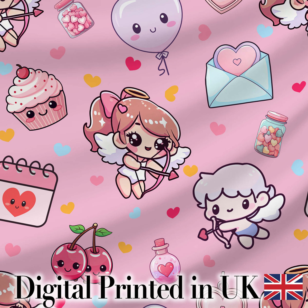 Cute Cupid Angels Hearts Sweets Soft Pink Background Seamless Pattern Digital Print Fabric by the Metre UK Sewing Quilting Textile