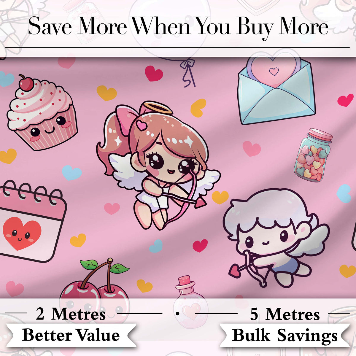 Cute Cupid Angels Hearts Sweets Soft Pink Background Seamless Pattern Digital Print Fabric by the Metre UK Sewing Quilting Textile