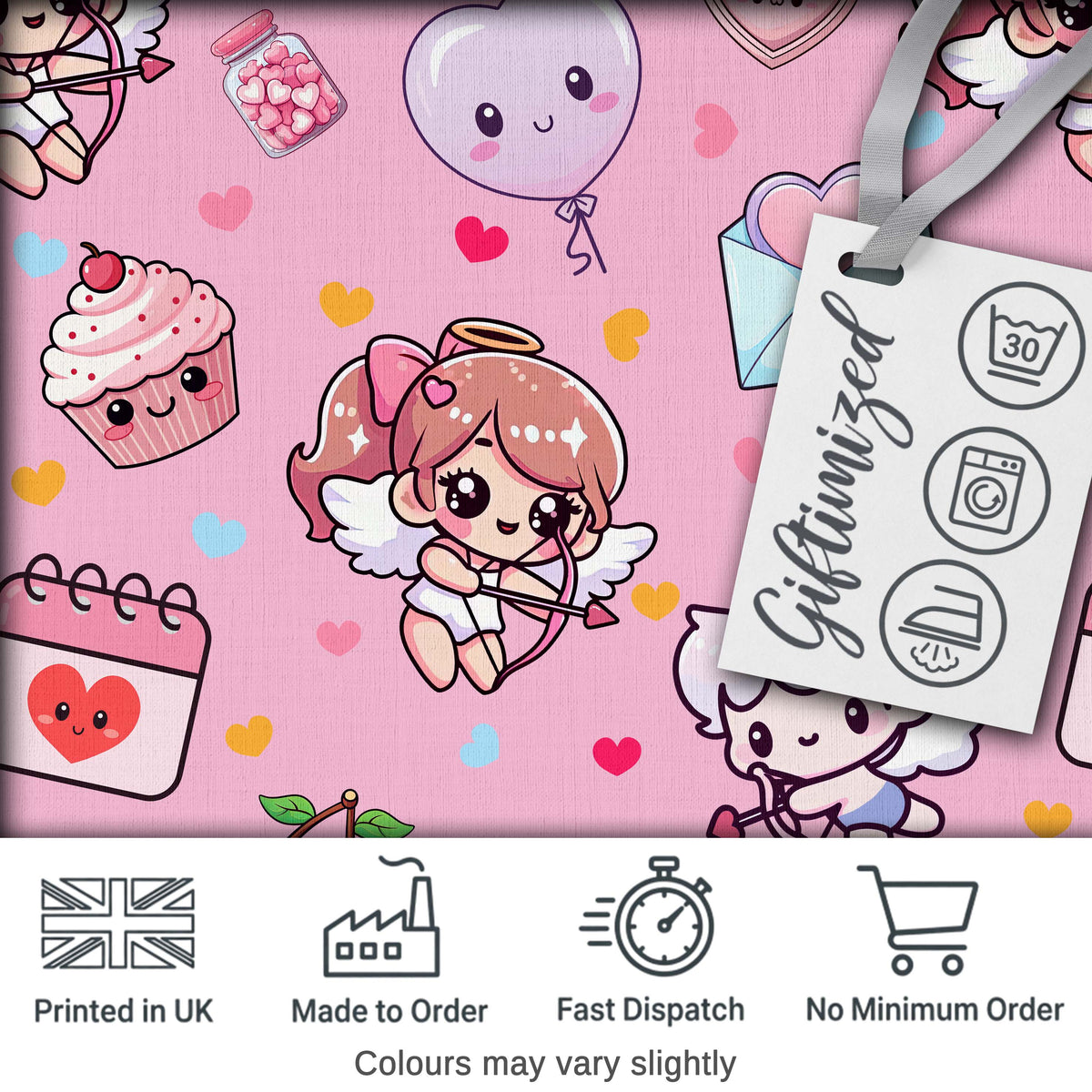 Cute Cupid Angels Hearts Sweets Soft Pink Background Seamless Pattern Digital Print Fabric by the Metre UK Sewing Quilting Textile