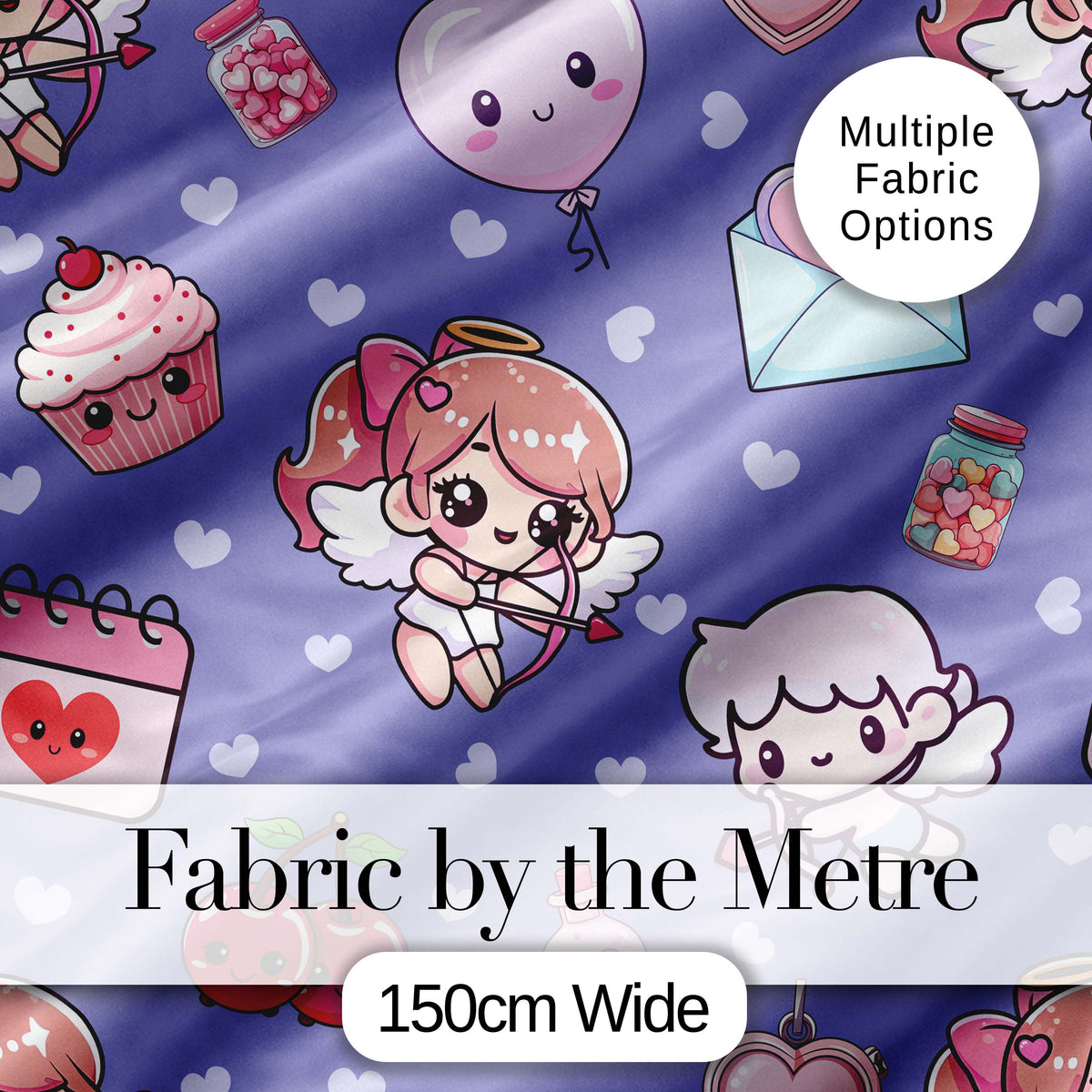 Cute Cupid Angels Hearts Sweets Violet Seamless Pattern Digital Print Fabric by the Metre UK Sewing Quilting Textile