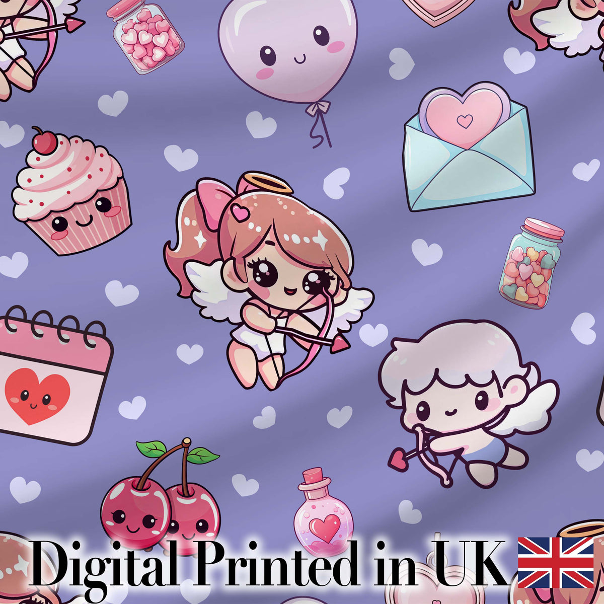 Cute Cupid Angels Hearts Sweets Violet Seamless Pattern Digital Print Fabric by the Metre UK Sewing Quilting Textile