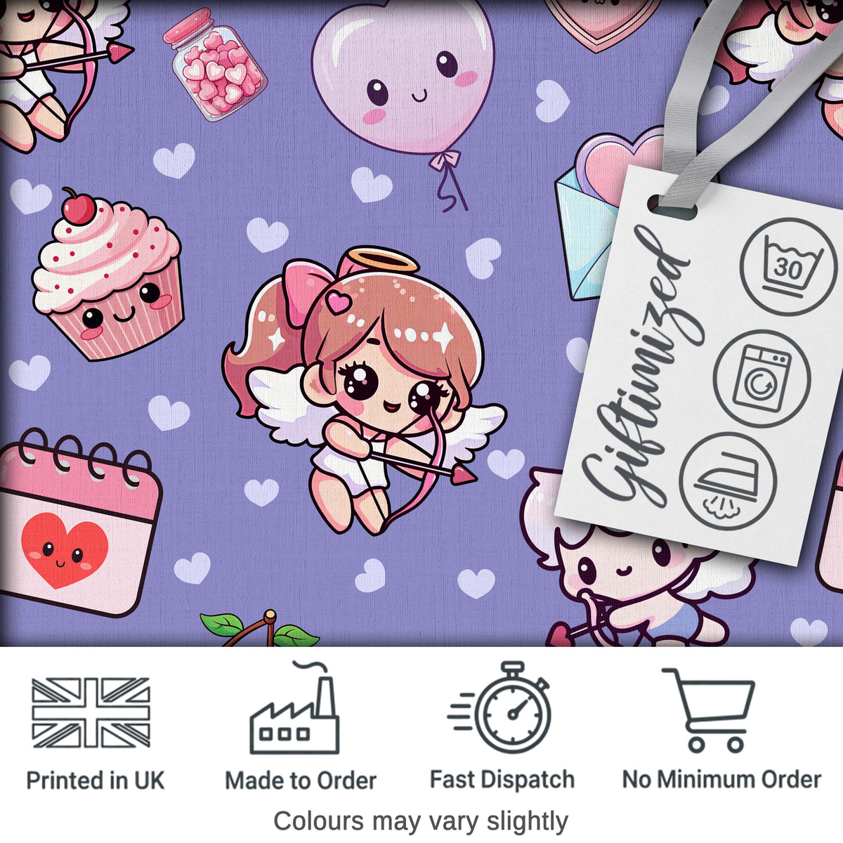 Cute Cupid Angels Hearts Sweets Violet Seamless Pattern Digital Print Fabric by the Metre UK Sewing Quilting Textile