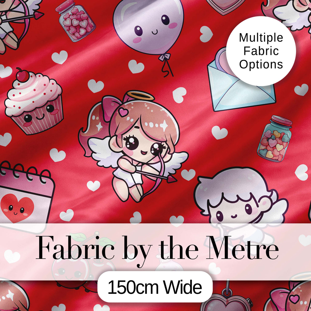 Cute Cupid Angels Hearts Sweets Red Background Seamless Pattern Digital Print Fabric by the Metre UK Sewing Quilting Textile