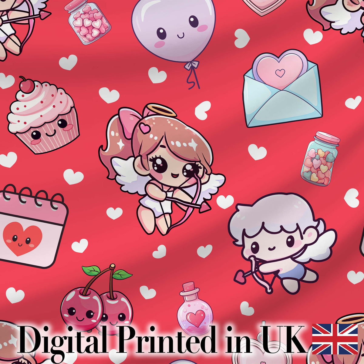 Cute Cupid Angels Hearts Sweets Red Background Seamless Pattern Digital Print Fabric by the Metre UK Sewing Quilting Textile