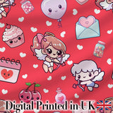 Cute Cupid Angels Hearts Sweets Red Background Seamless Pattern Digital Print Fabric by the Metre UK Sewing Quilting Textile