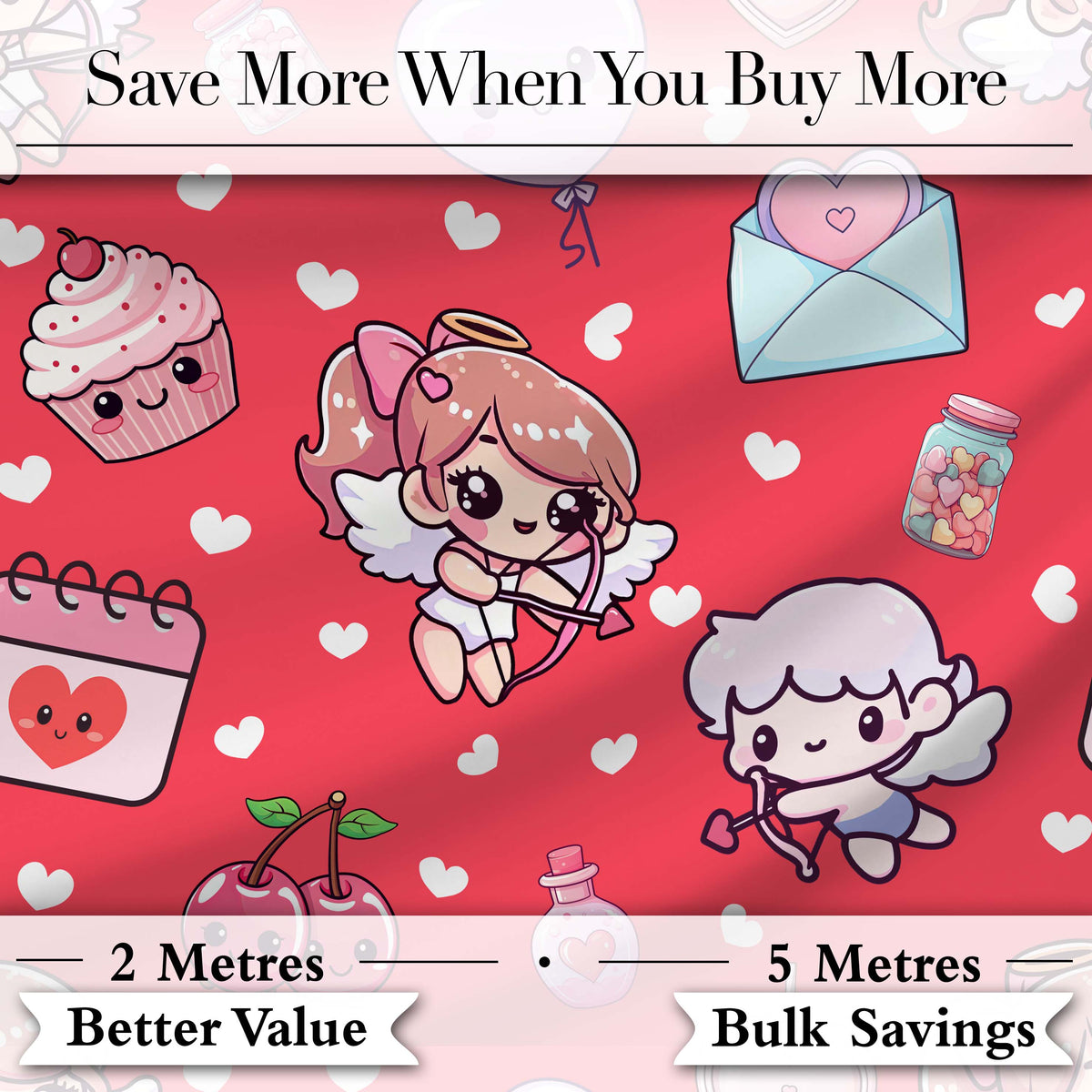 Cute Cupid Angels Hearts Sweets Red Background Seamless Pattern Digital Print Fabric by the Metre UK Sewing Quilting Textile