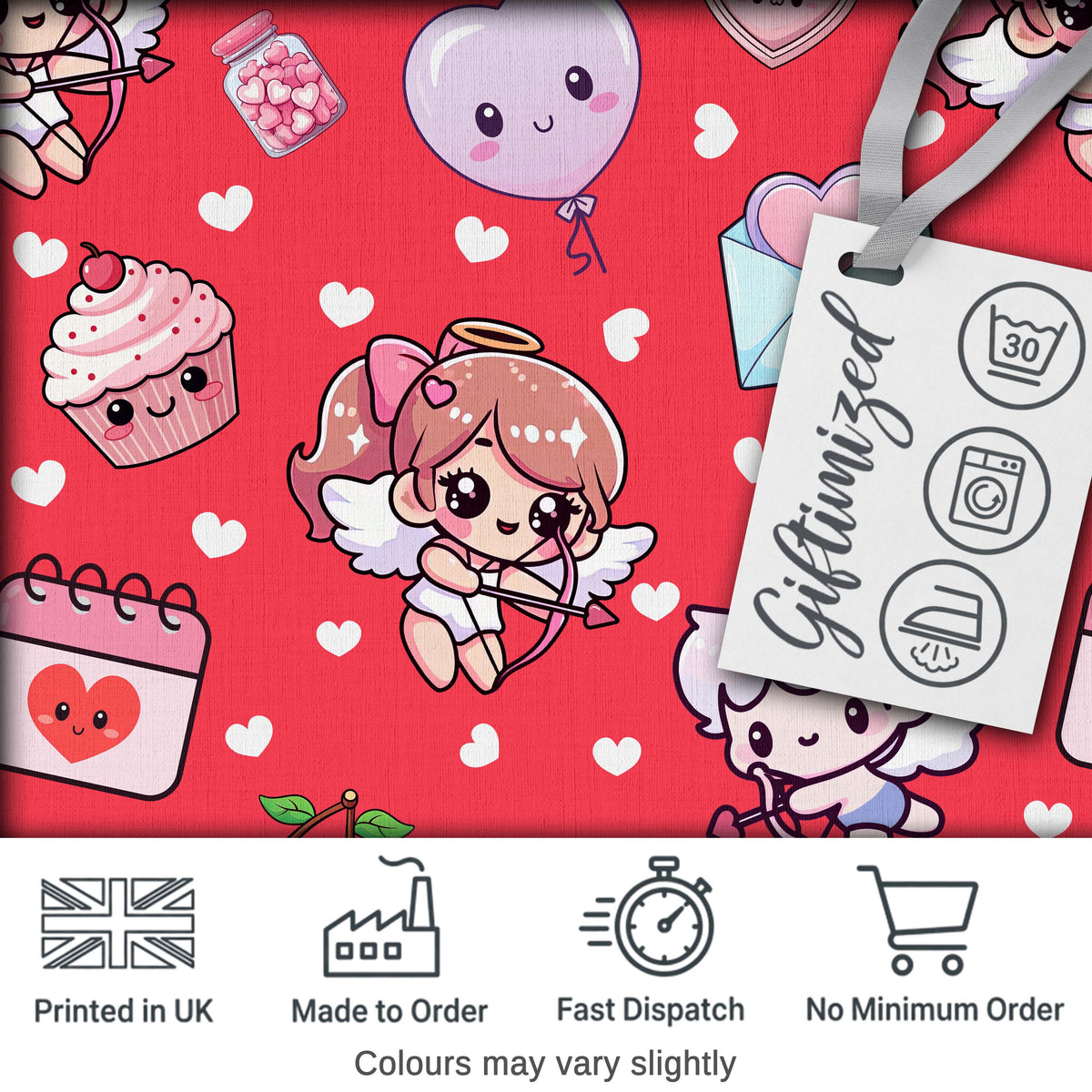 Cute Cupid Angels Hearts Sweets Red Background Seamless Pattern Digital Print Fabric by the Metre UK Sewing Quilting Textile