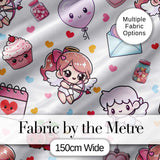 Cute Kawaii Cupid Angels Hearts Balloons Sweets Seamless Pattern Digital Print Fabric by the Metre UK Sewing Quilting Textile