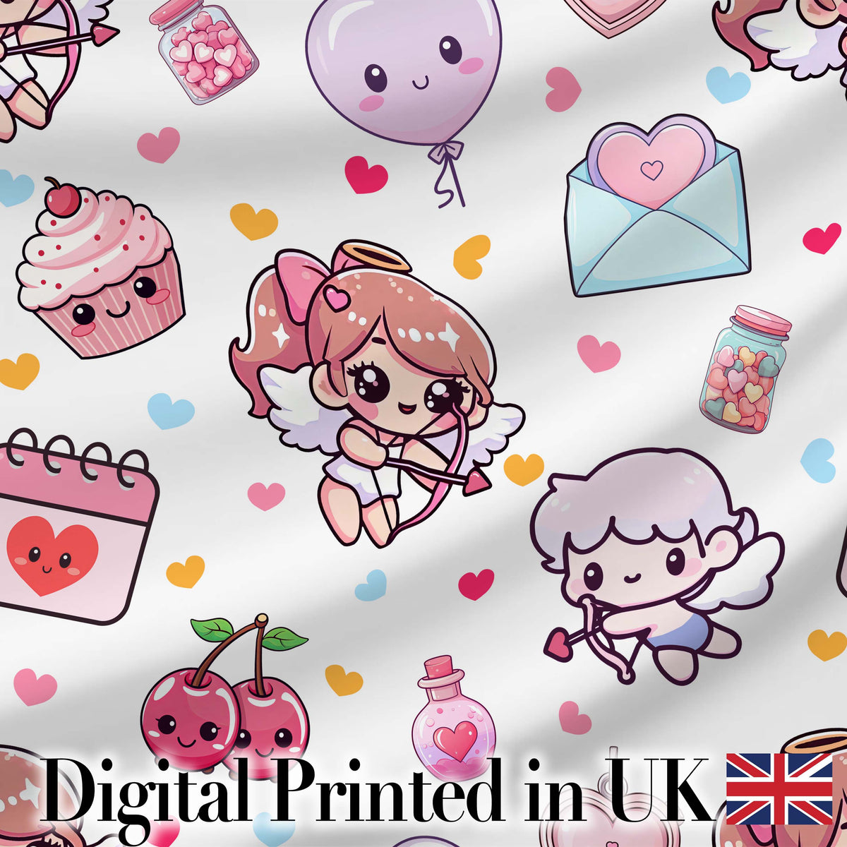 Cute Kawaii Cupid Angels Hearts Balloons Sweets Seamless Pattern Digital Print Fabric by the Metre UK Sewing Quilting Textile