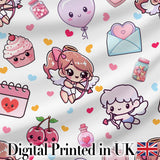 Cute Kawaii Cupid Angels Hearts Balloons Sweets Seamless Pattern Digital Print Fabric by the Metre UK Sewing Quilting Textile