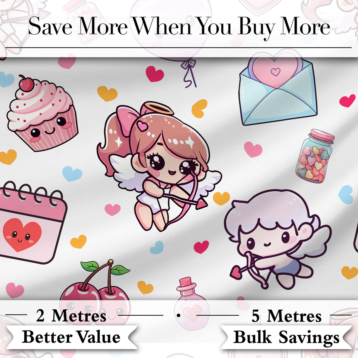 Cute Kawaii Cupid Angels Hearts Balloons Sweets Seamless Pattern Digital Print Fabric by the Metre UK Sewing Quilting Textile