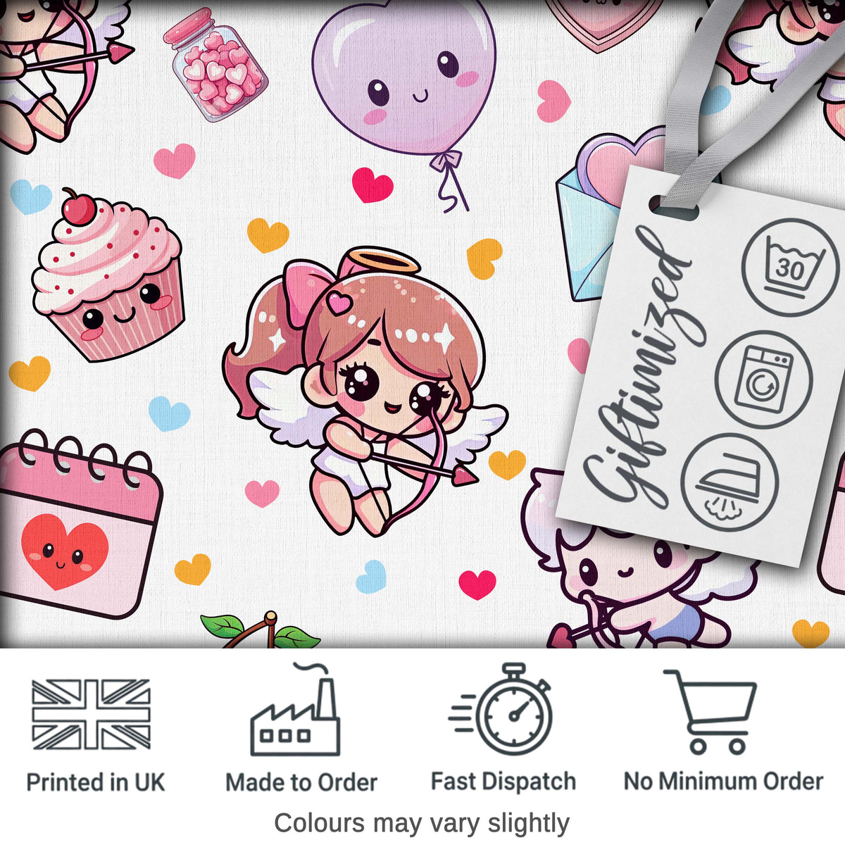 Cute Kawaii Cupid Angels Hearts Balloons Sweets Seamless Pattern Digital Print Fabric by the Metre UK Sewing Quilting Textile