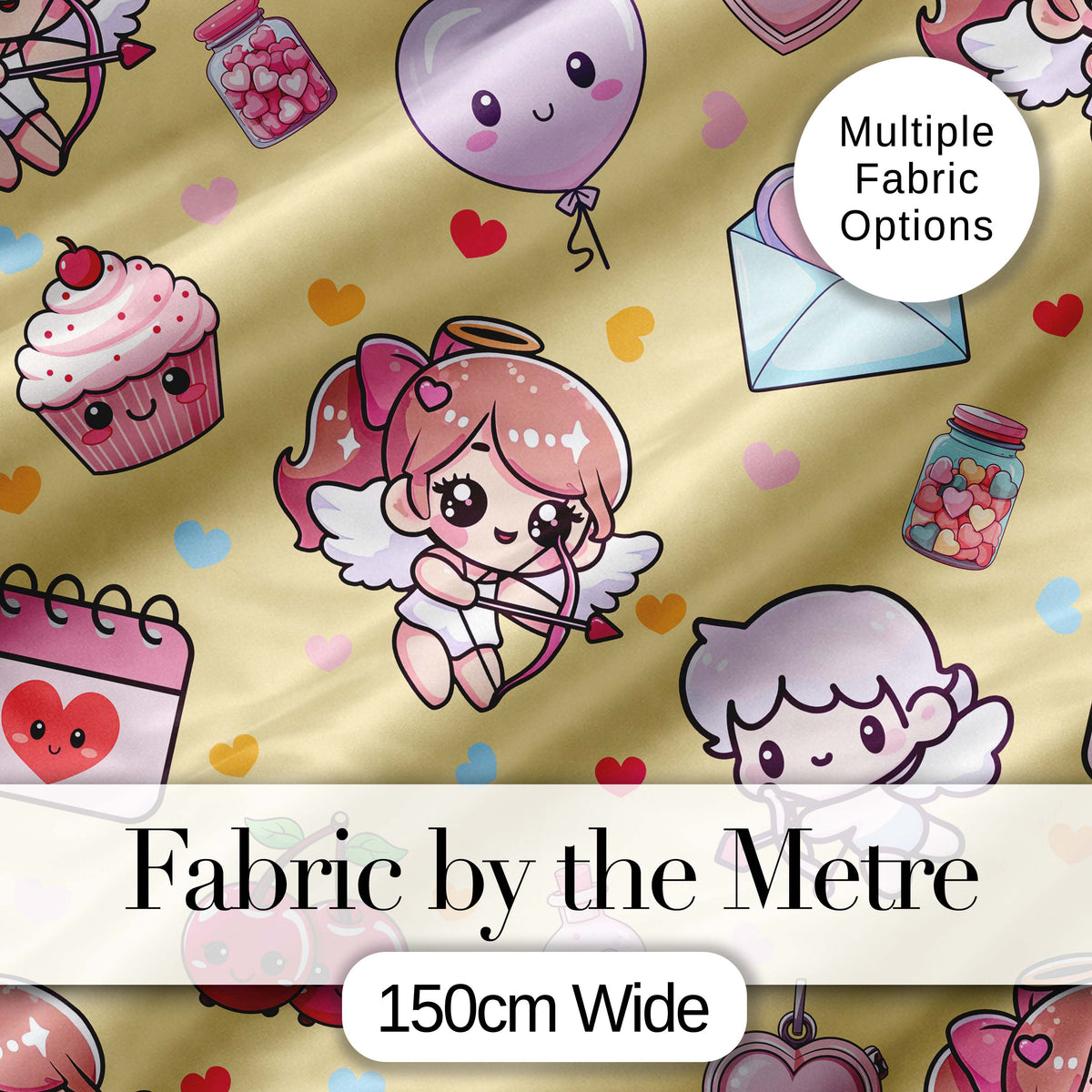 Cute Kawaii Cupid Angels Hearts Balloons Warm Beige Seamless Pattern Digital Print Fabric by the Metre UK Sewing Quilting Textile